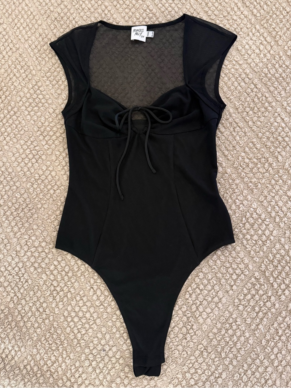 Princess Polly Black Mesh Yoke Tie-Front One-Piece Bodysuit